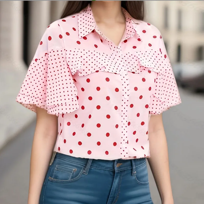 Moda verano manga corta Dot Mujer camisa blusa cuello vuelto camisa blusa Mujer Tops Camisas De Mujer Blusas Q289