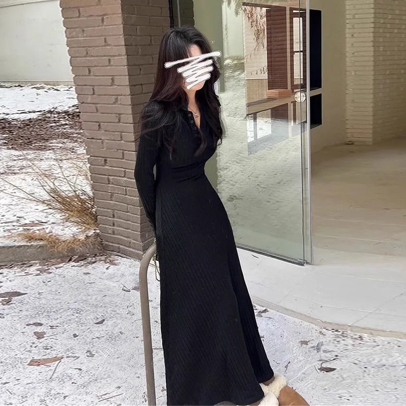 Vestido de punto de manga larga con temperamento de Jersey de Año Nuevo, falda larga ajustada con fondo para otoño e invierno