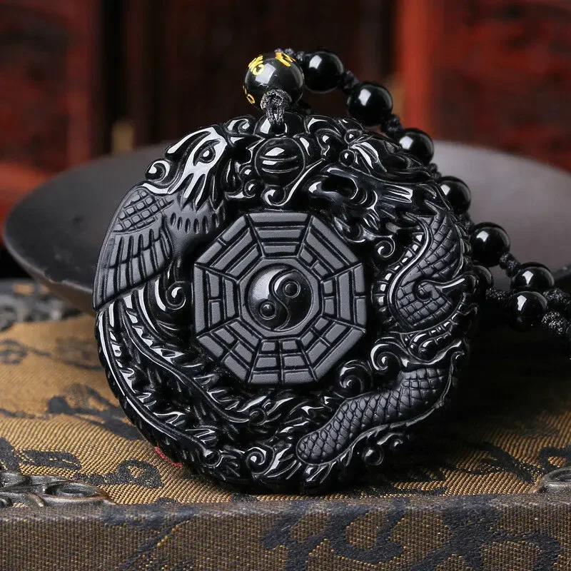 Natural black Obsidian Crystal dragon phenix YINGYANG Pendant with Bead Chain great gift necklace men or Women