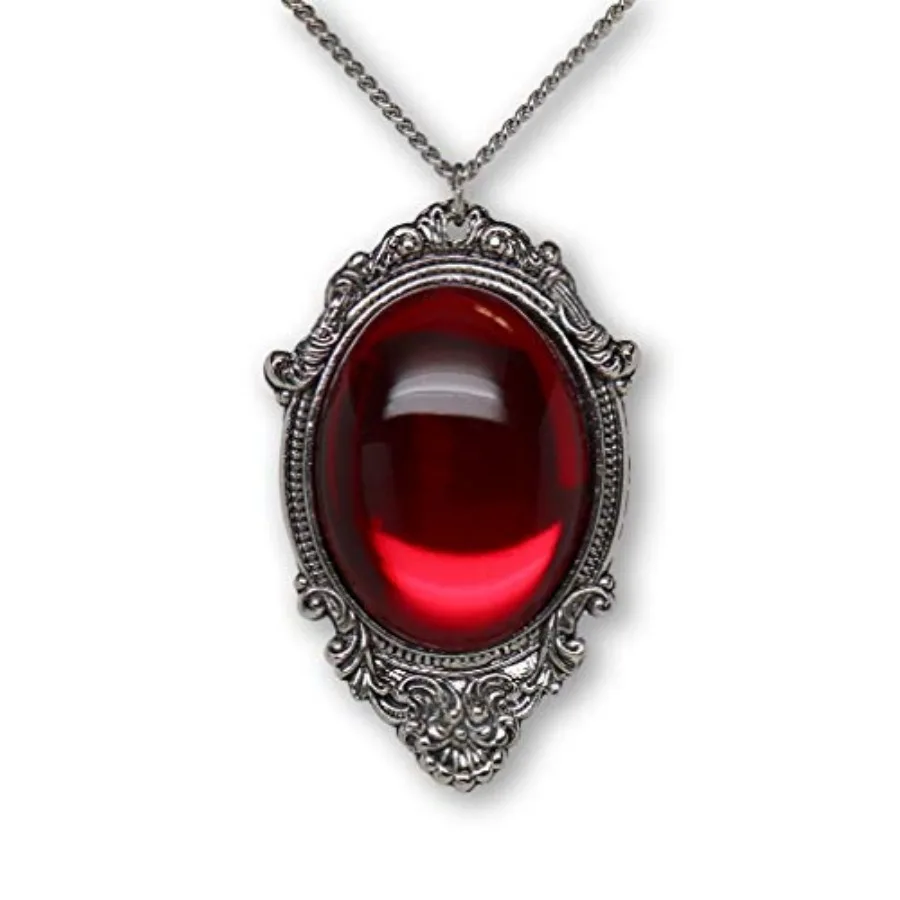 

Real Metal Blood Red Cabochon in Silver Finish Pewter Frame Pendant Necklace
