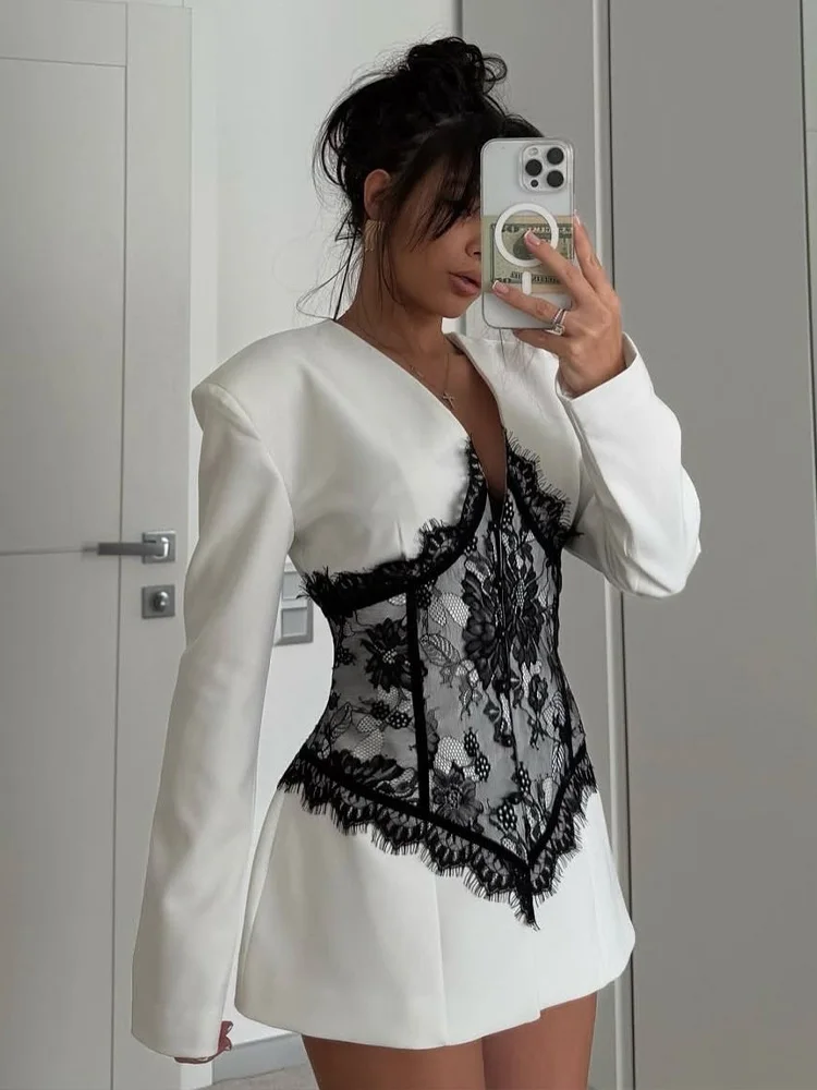 

HH New Woman Summer Trend Fashion Long Sleeves Lace Splicing Decoration Dress Female Casual Commuting Street Style Short Dress