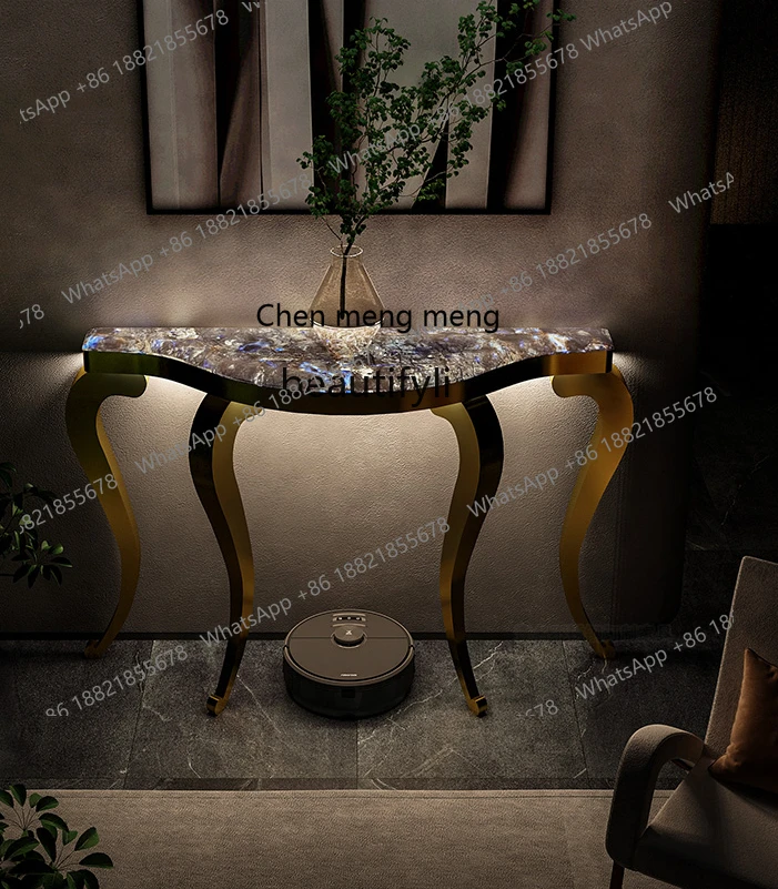 Light luxury stainless steel luminous arc entrance cabinet translucent marble ultra-narrow corridor entry decorative table