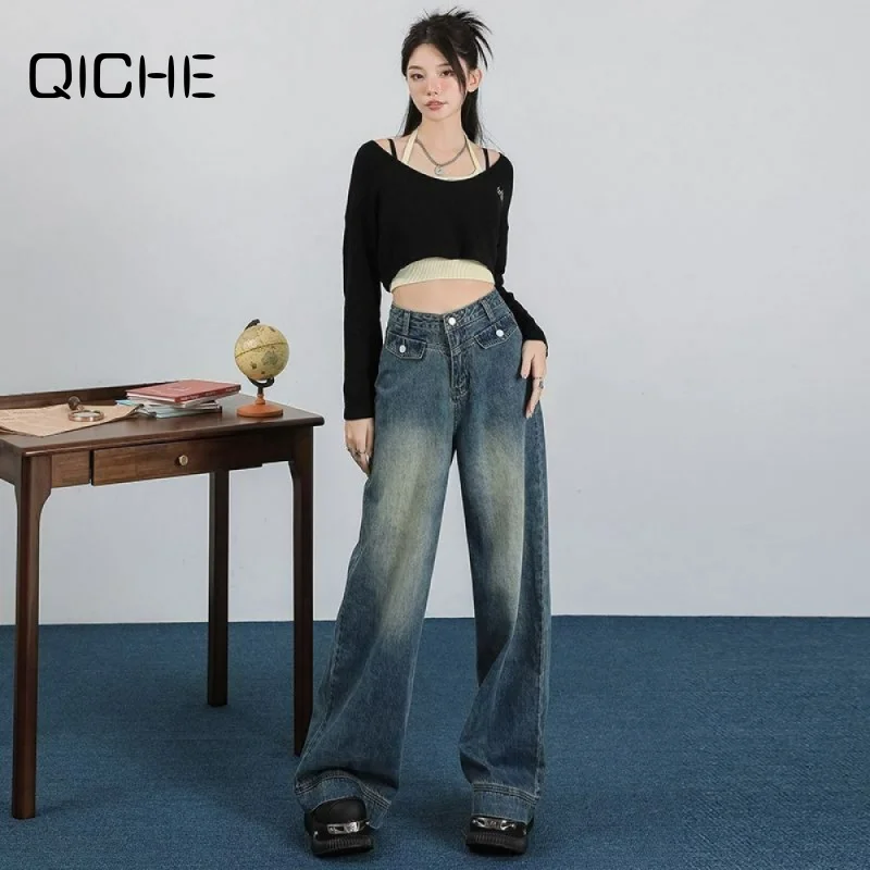 QICHE 2026 Autumn Women High Waist Wide Leg Jeans Straight Loose Fit Slimming Draping Effect Denim Pants Hot Sale