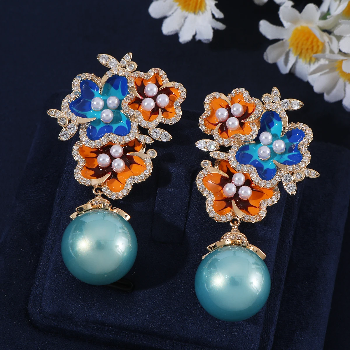 Flower Pearl Pendant Earrings with Dense Zircon Flower Earrings for Women's Wedding Party Heavy Industry Jewelry A0380