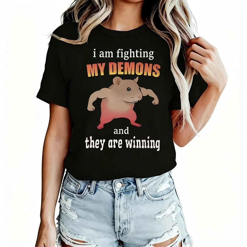 I'M Fighting My Demons Women's T-Shirt 100% Cotton Funny Graphic Short Sleeve Tee Novelty Shirt Casual Crew Neck Top S-5Xl
