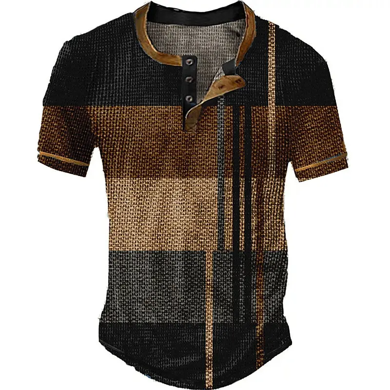 Striped Color Block 3D Printed Henley Shirts Men\'s Fashion Vintage Streetwear Button Short Sleeve T Shirt Tees Tops Man Clothing