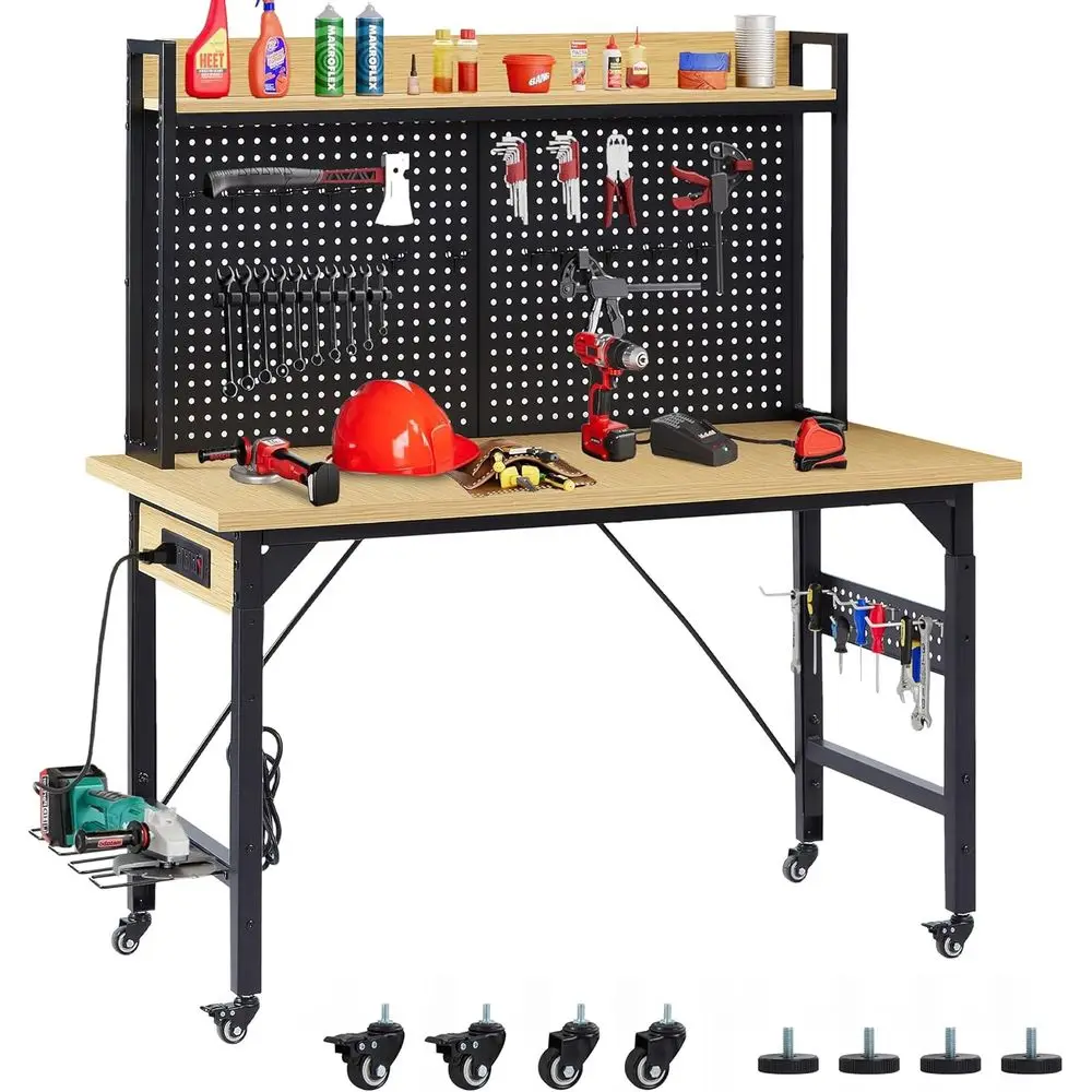 

Сверхмощный вращающийся верстак 48 с перфорированной панелью, розетками переменного/USB и хранилищем для гаража, мастерской и домашнего офиса