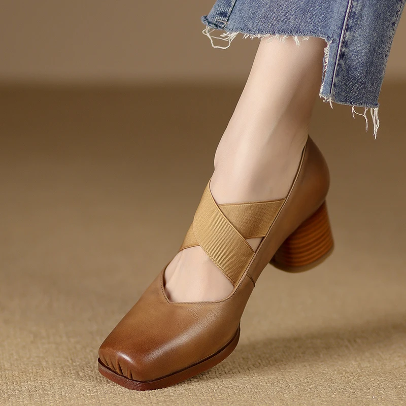 Women Pumps French Style Cowhide Simple Shoes Cross-Tied Woman Sandals Lady Spring Autum Retro Pumps Thick Heel Square Toe