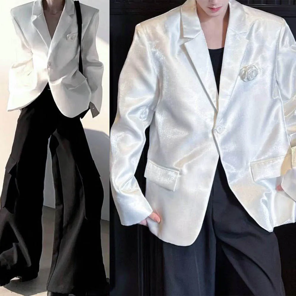

Mens Autumn Jacket Liquid White Shoulder Pad Ballroom Casual Suit Streetwear Nightclub Stage Performance Fashion Tops Men'S Wear