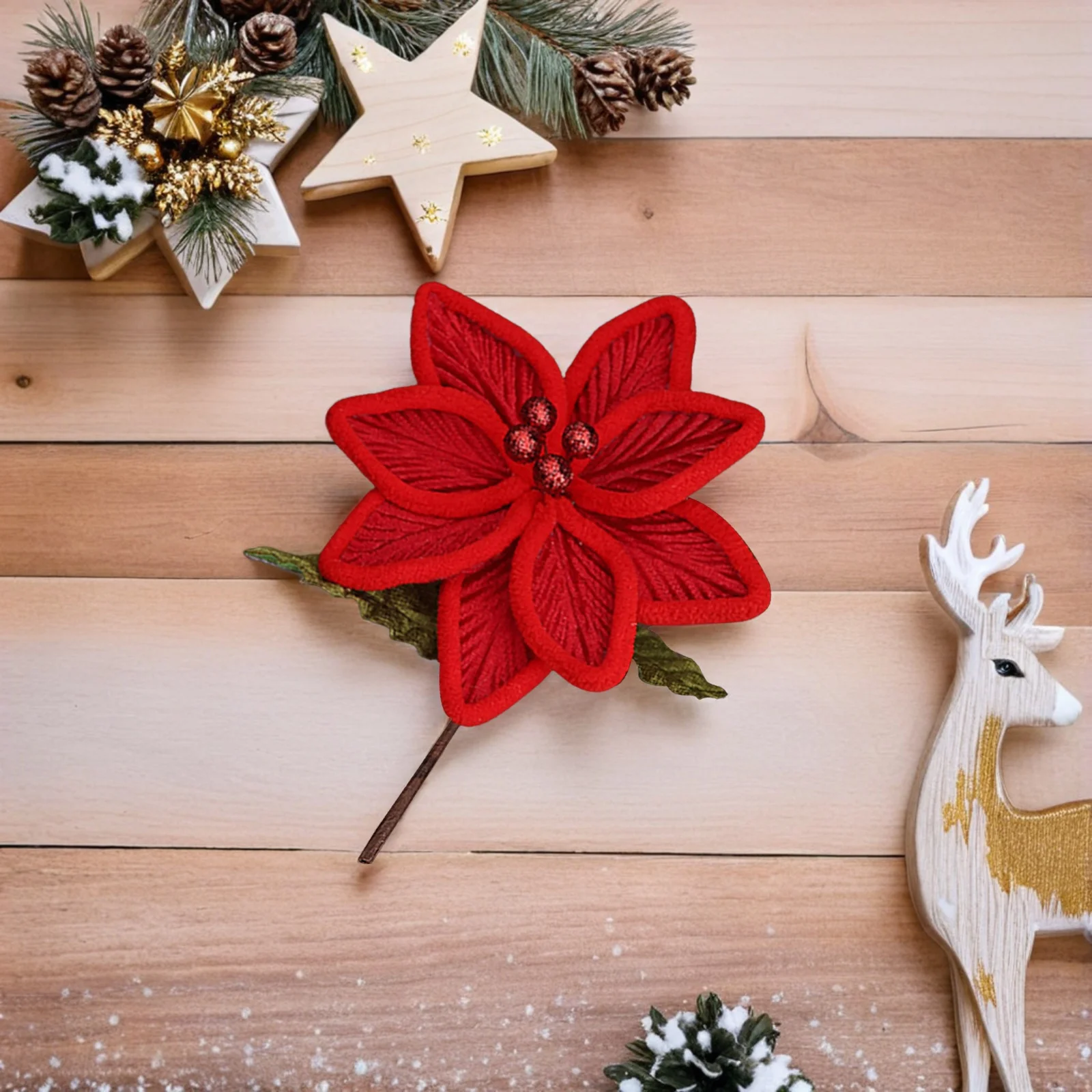 

4Pcs Artificial Christmas Flowers Double Layer Poinsettia Indoor Holiday Tree Decorations Faux Xmas Ornaments Soft Fabric