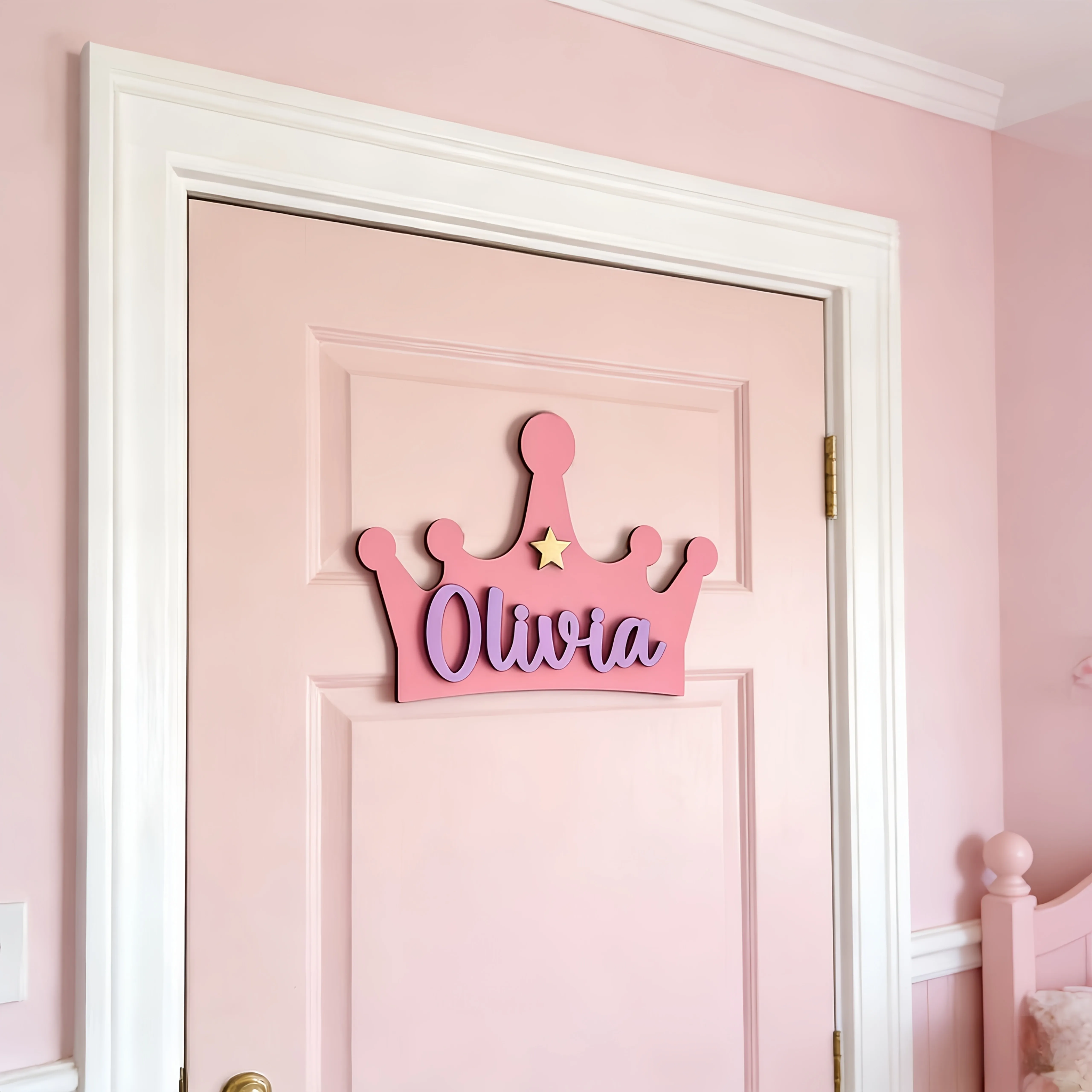 1PC Personalized Name Door Sign Custom Pink Crown Name Plaque Wall Hanging Decor for Bedroom Home Birthday Party Family Gift