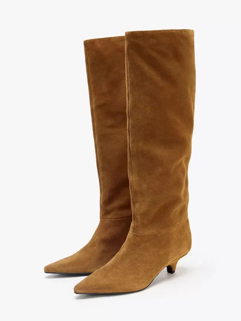 

Women's Luxury Brown Suede Ankle Boots Pointed Toe Wedge Block Heel Side Zip Elegant Casual Boots Daily WearParty