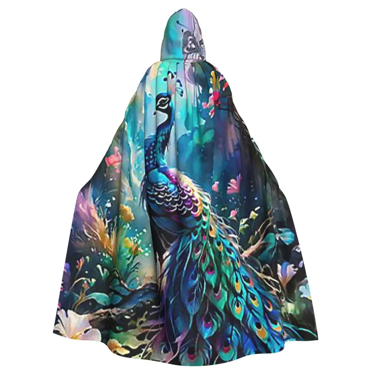 

Peacock And Flowers Digital Watercolor Long Hooded Cloak Witch Medieval Costume Cosplay Cape HalloweenVampire Adult Unisex