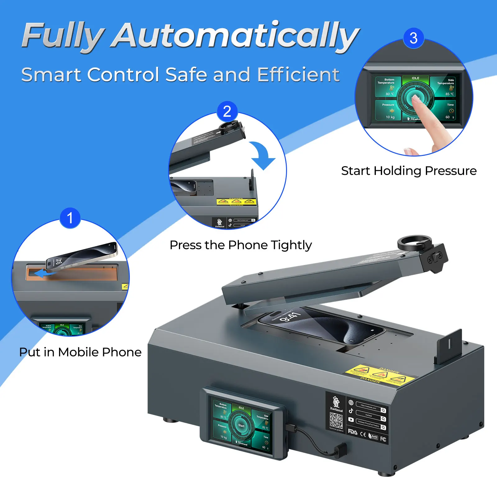 BY1 Automatic Mobile Phone Pressure Machine for Curved Straight Screens/Battery, 4-Side Heating Fit Phone Glue Sealing