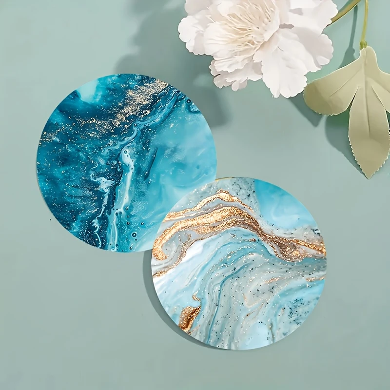 2D Flat 6pcs Blue Ocean Round Wooden Coasters & Placemats Set - Home, Cafe, Party Table Decor, Durable Drink Coasters For Home view 3