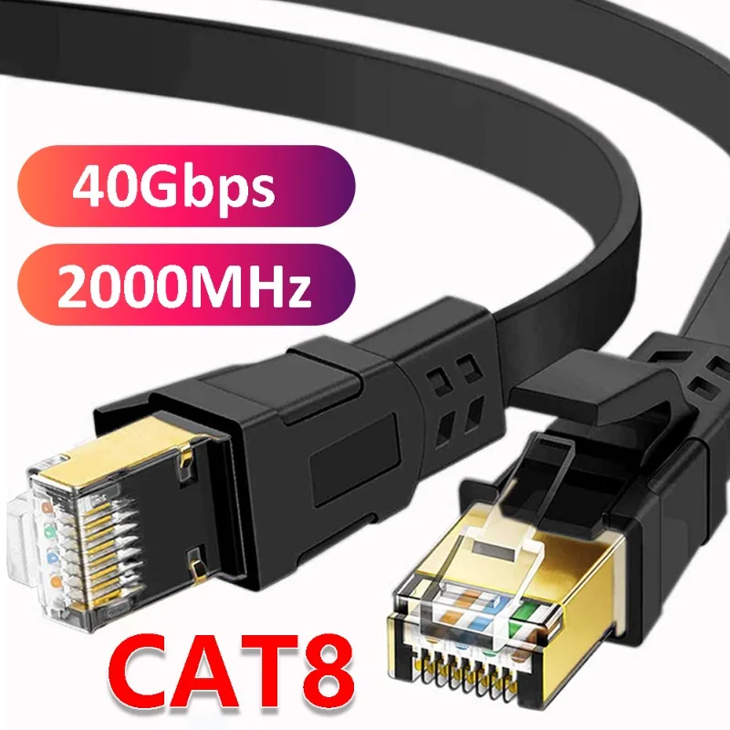 0.5-2m Flat CAT8 Ethernet Cable 40Gbps 2000MHz Networking Internet Lan Cord for Computer Router Laptops RJ45 Shielded Cable