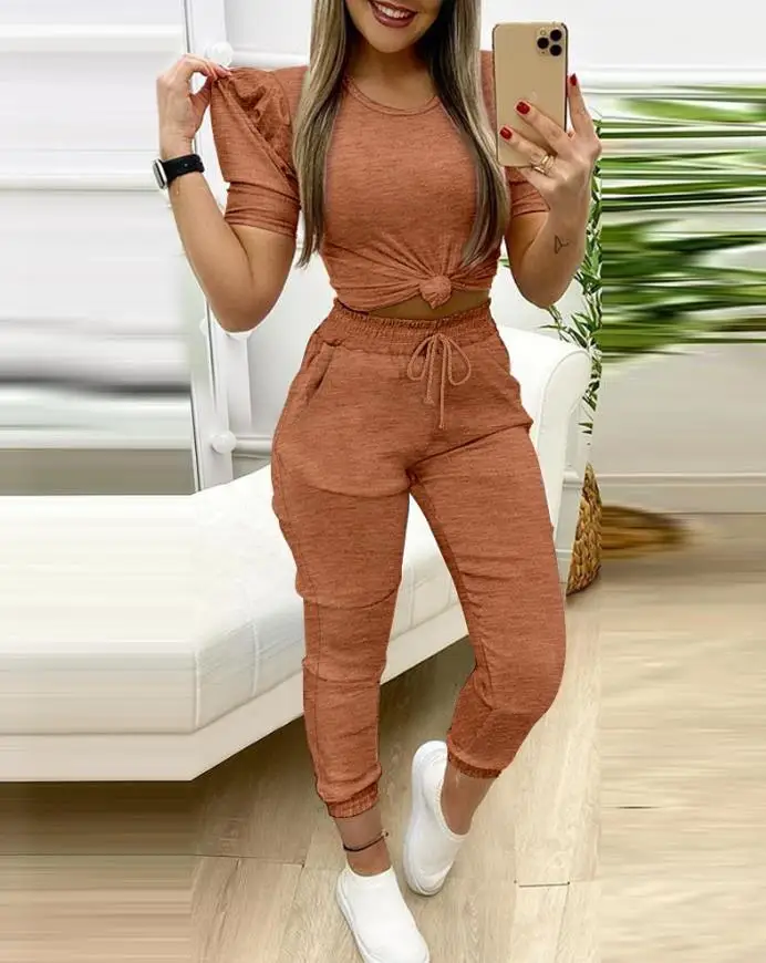 Women's 2-piece round neck short sleeved top, drawstring shirt, pants with pockets, casual pants set, new style