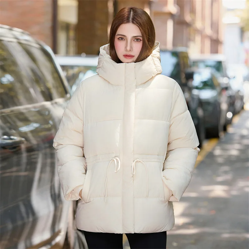 Hooded Belted Puffer Coat Women's Zip Up Cropped Winter Daily Campus Trendy Warm Soft New Luxe Chic Cozy Fad Hot Basic Coats