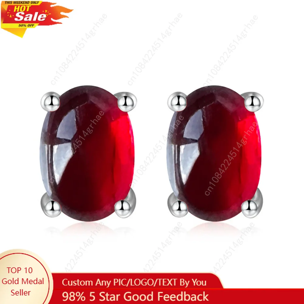 

925 Sterling Silver Simple Fashion Red Oval Stud Earrings Birthday Anniversary Party Gift Daily Wear
