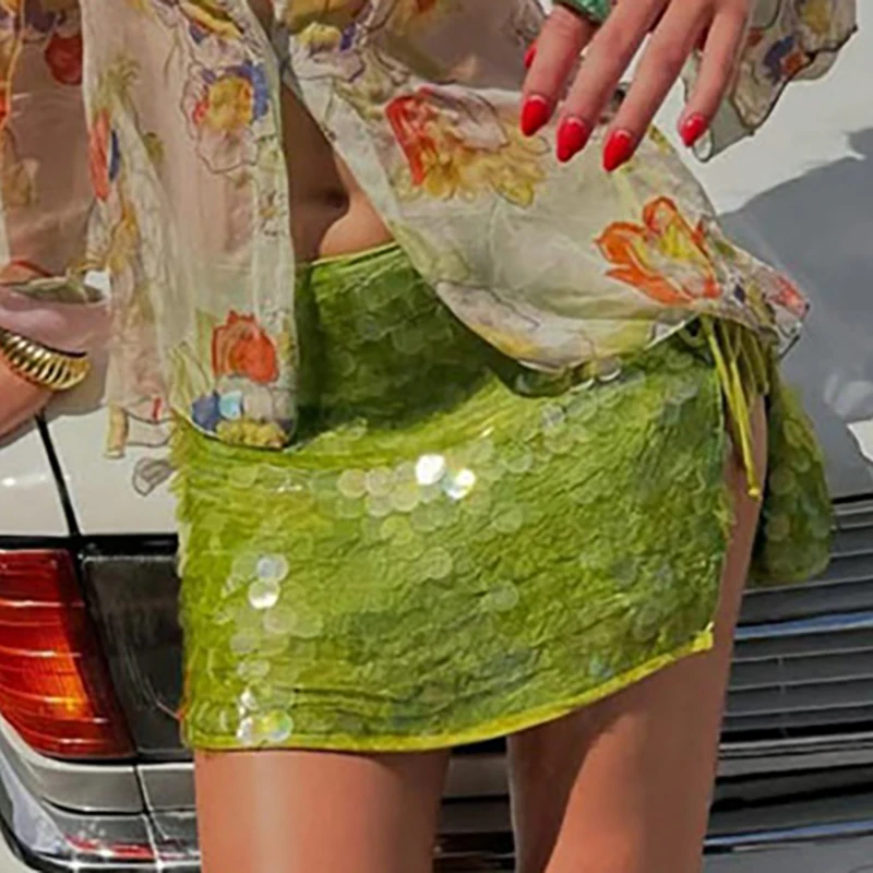 Sexy Hot Girl Shiny Sequin Club Mini Skirt 2025 Fashion Solid Color Lace-up Short Skirt High Street Glitter Party Wrap Hip Skirt