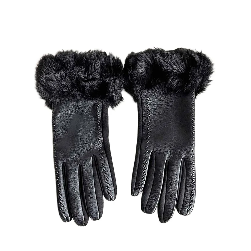 قفازات نسائية جلدية مزيفة على الموضة جديدة مع حواف من فراء الأرانب، متوافقة مع شاشة اللمس، دافئة ومقاومة للرياح لخريف/شتاء