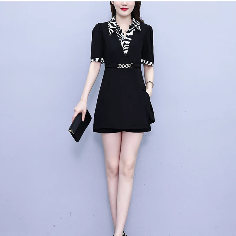 Summer Chiffon Two-piece Set For Women Lapel Leopard Print Blouse Tops And Shorts Female Large Size Elegant Black Matching Suits