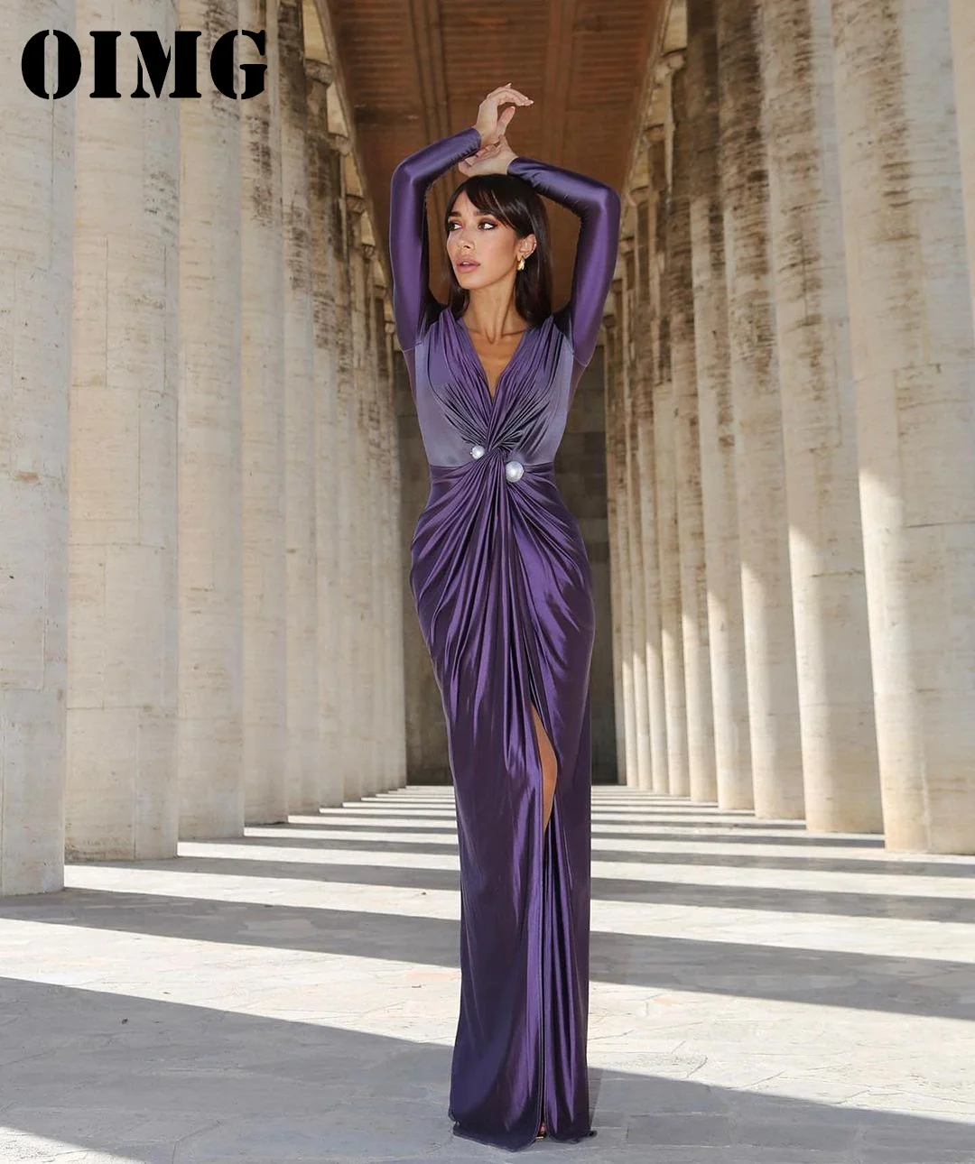 

OIMG Exquisite V-Neck Long Sleeves Prom Dresses Saudi Arabic Women Satin Purple Sheath Evening Gowns Occasion Formal Party Dress