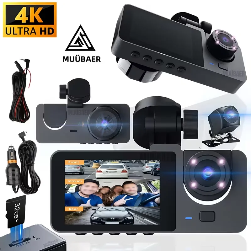 3채널 4K 블랙박스 4K+1080P 전후방 카메라 IR 야간 시야 24시간 주차 모드 지원 최대 128GB