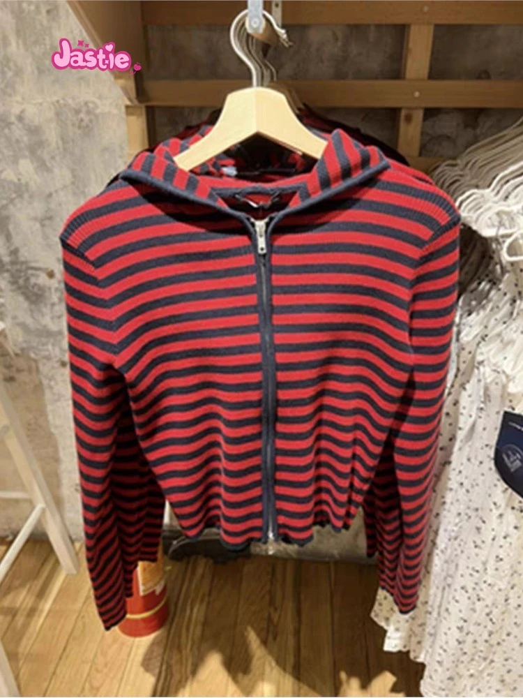 Vintage Striped Knit Hooded Cardigan Women Autumn Y2k Streetwear Long Sleeve Zipper Sweater Female Harajuku Sweet Slim Tops 2022