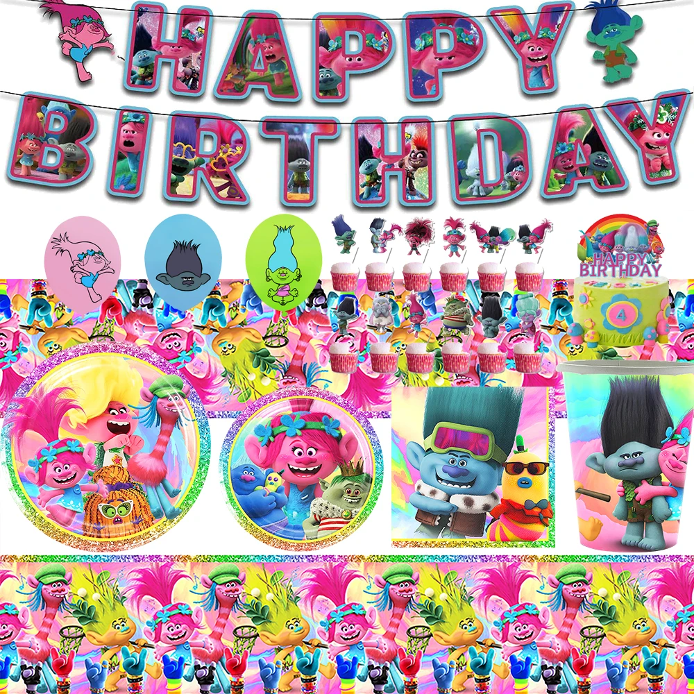 TROLLS Magic Hair Elf Theme Birthday Party Decoration Supplies Disposable Cutlery Balloon backdrop Poster Baby Shower Kids Gift