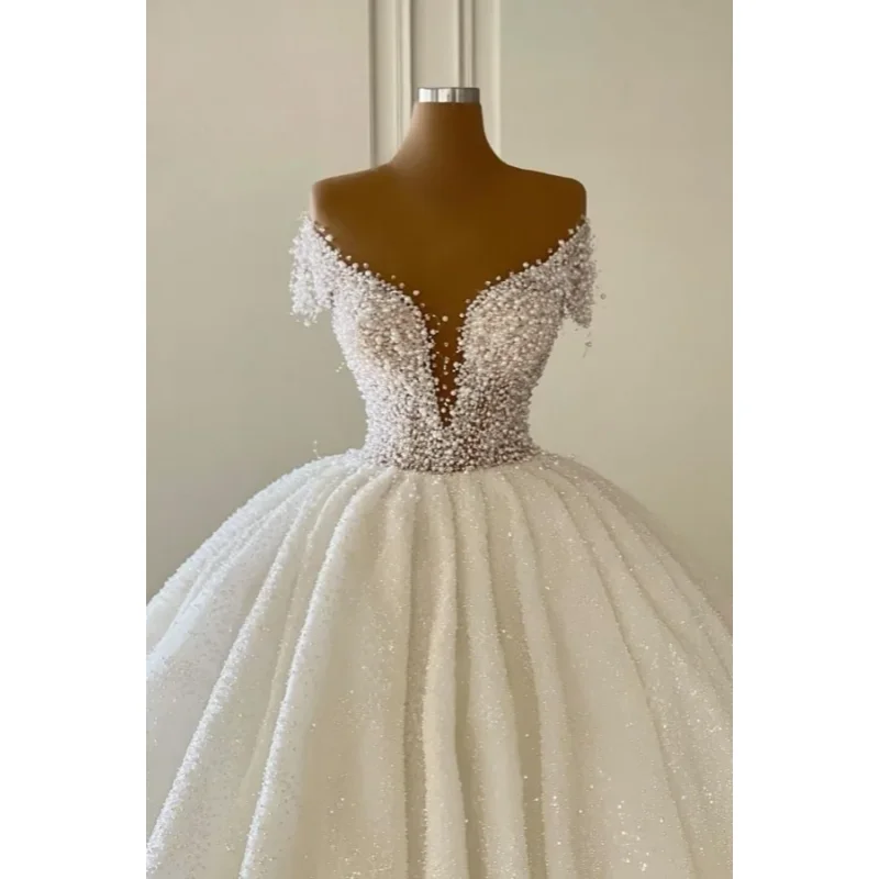 Custom 2026 New Luxurious And Sexy Wedding Dress With Deep V-Neck Short Sleeved Pearl Decoration Large Skirt Vestido De Novia