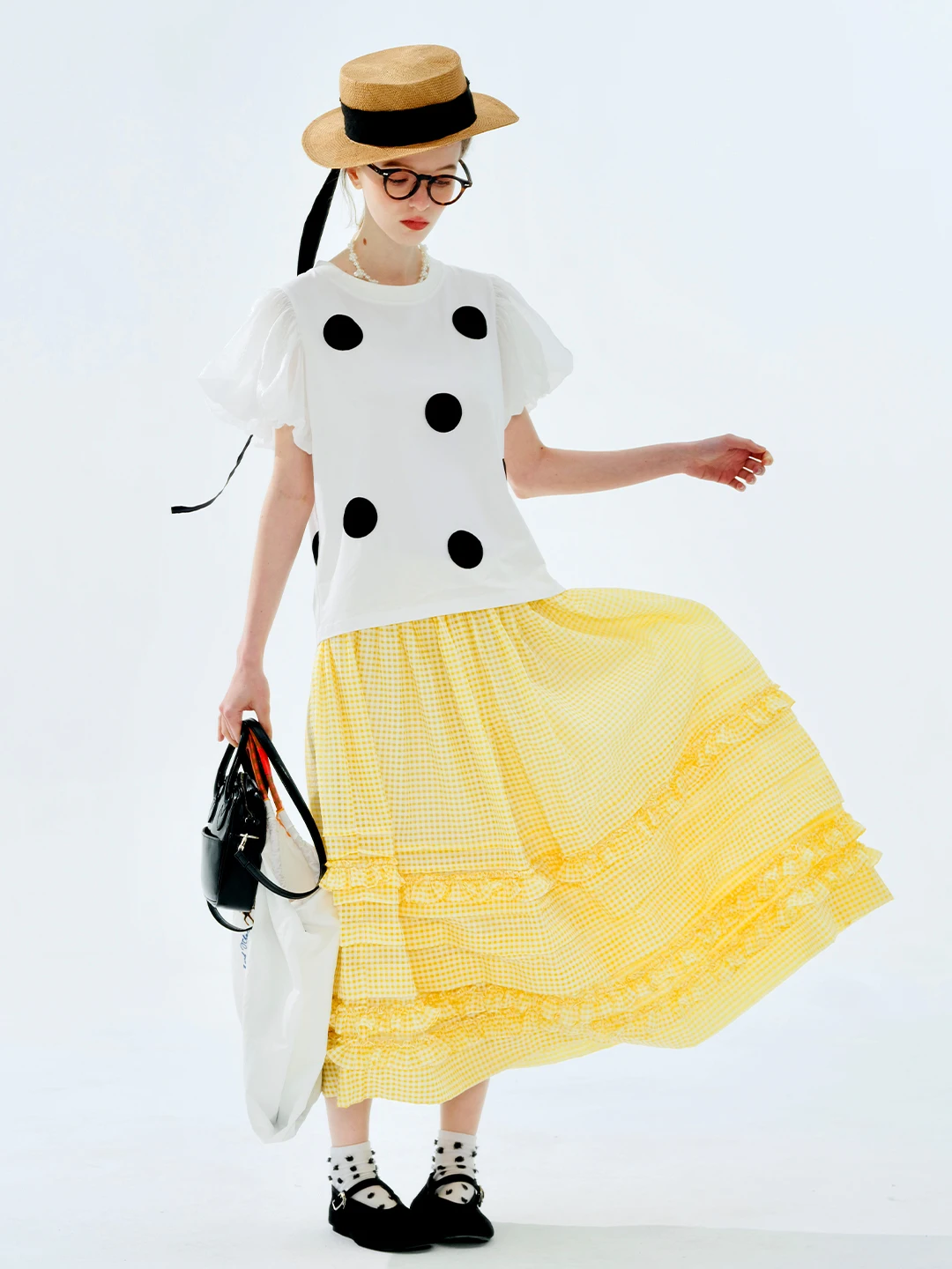 Women's White Top Short Sleeve Round Neck Black Polka Dots Puff Sleeve Office to Weekend Stretch Fabric Trendy Blouse 255067 - Image 3