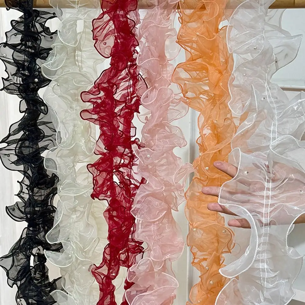 11cm Wide Organza Beaded Ribbon Wave Ruffle Edge 1 Yard Lolita Lace Accessories Pearl Fabric Edge Flower Lace Beaded Mirror Welt