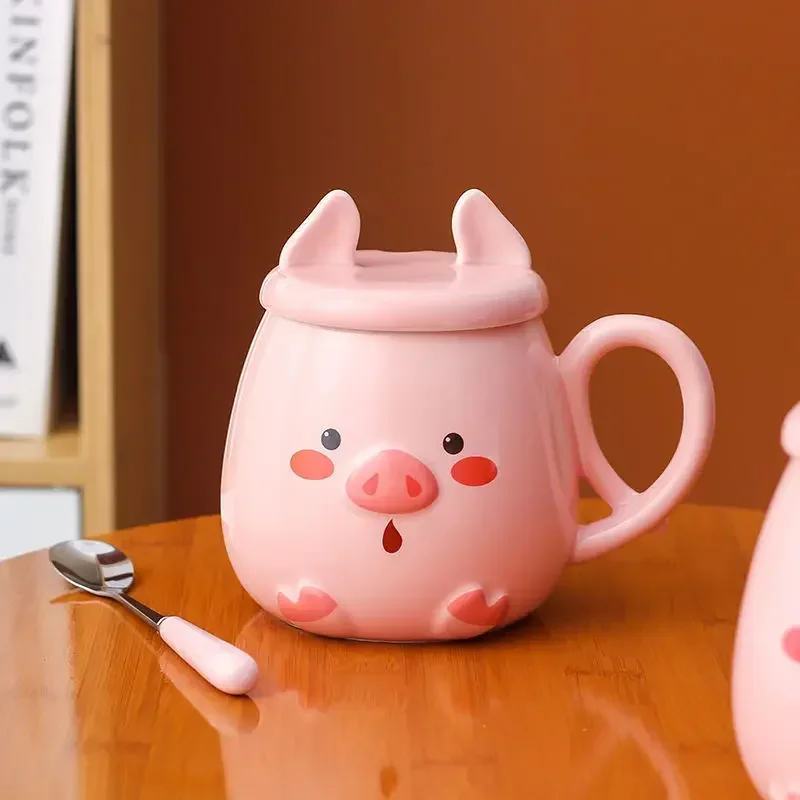 500ML Ceramic Mug Cute Pig Pink Girl Heart Cartoon Cup Coffee Cup with Lid Spoon Girl Water Cups Breakfast Mugs Birthday Gift