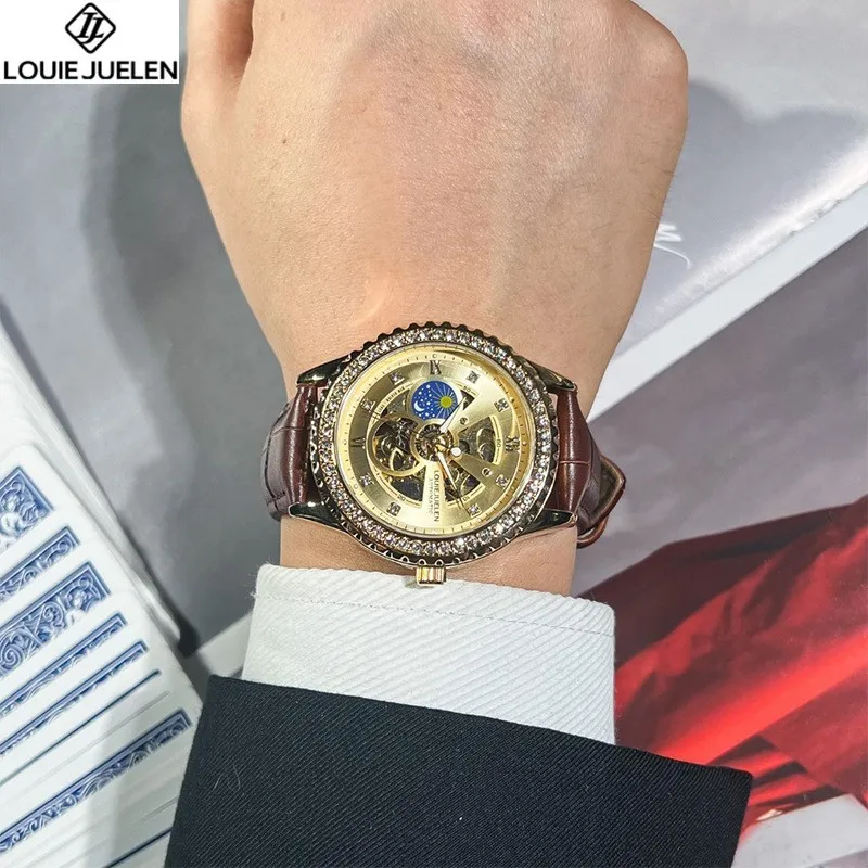 Lüks moda erkek mekanik İzle güneş ay yıldız su geçirmez hollow otomatik elmas izle kol saati Relojes para hombres