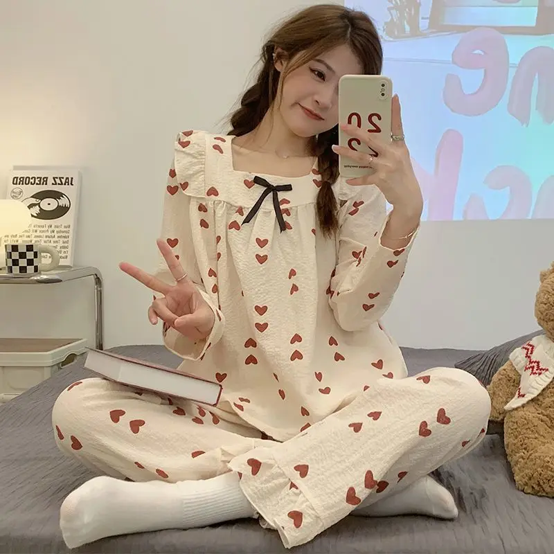 Heart Sleepwear Women Pajama Sets Korean Piiama Long Sleeve Pants Sets 2 Pieces Square Collar Night Wears Autumn Bow Home Suit