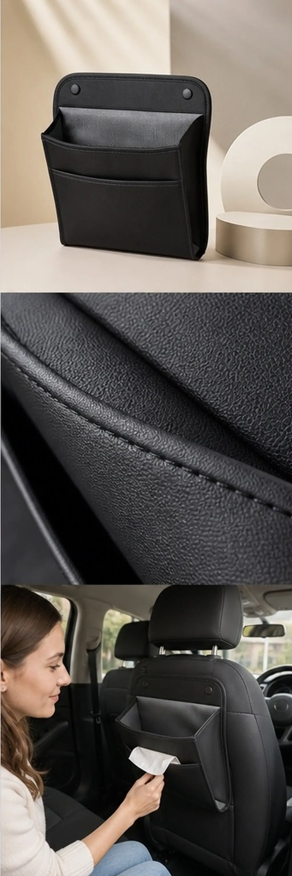 Car Back Seat Hanging Storage Bag PU Organizer with Easy Attach Function for Garbage Tissues Essentials Space Saving Travel
