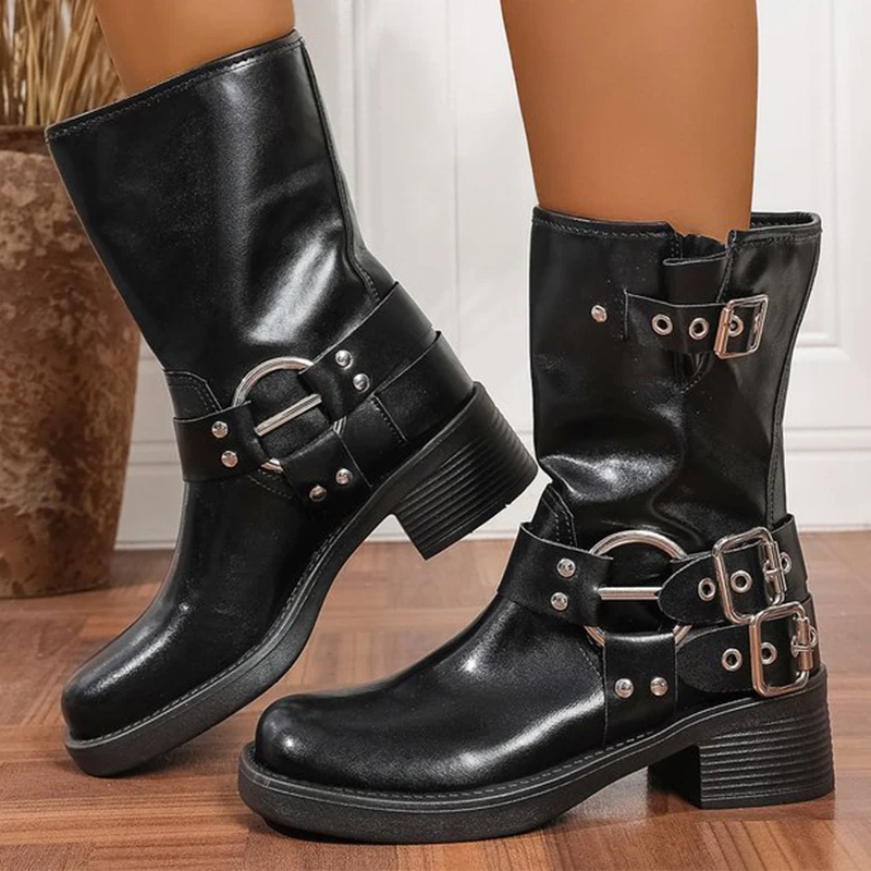 

Женские ботильоны в стиле ретро с металлической пряжкой в уличном стиле, большие размеры 43, женские ботильоны из искусственной кожи на толстой подошве