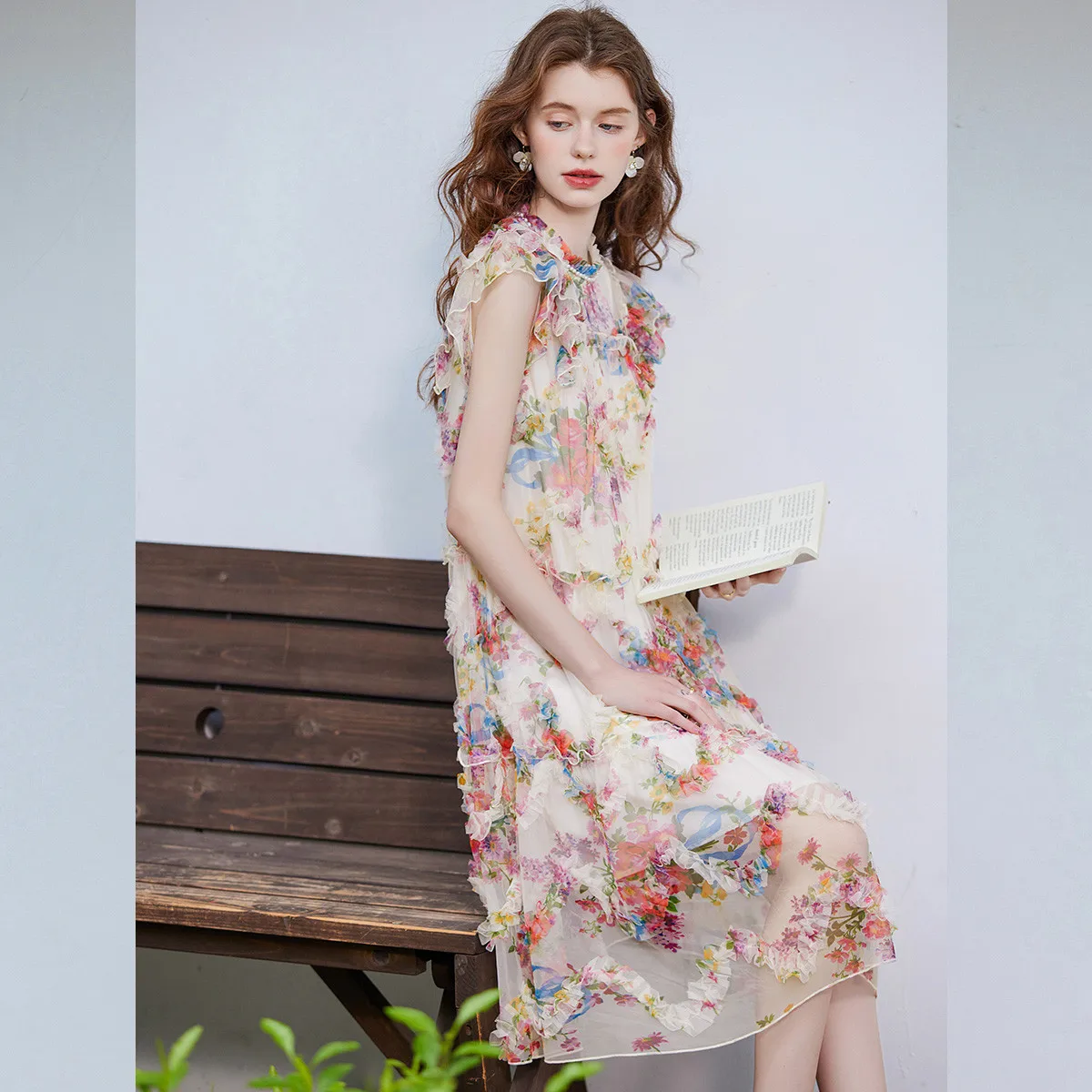 LOUISYAO Women's Dresses 2026 Summer Round Neck Non Stretch Long Dress Casual Vacation Outfits Rustic Flying Sleeve Print Dress