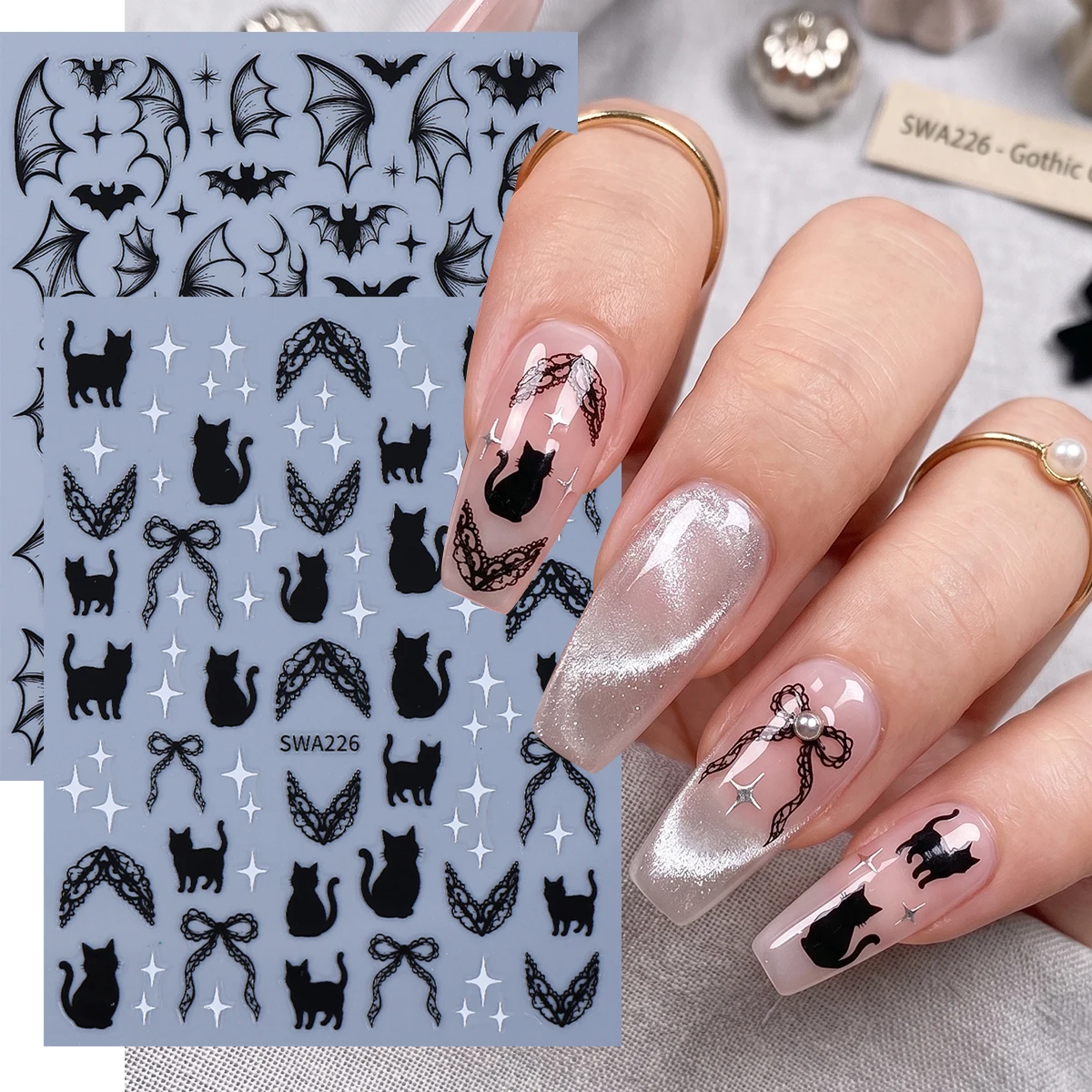 2pcs Gothic Black Y2K Nail Art Decals Black Cats Lace Ribbon Transparent Bat Evil's Wings Nail Decals Halloween DIY Manicure