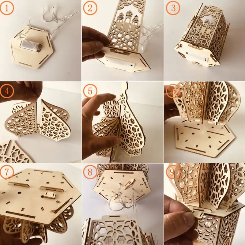 Eid Mubarak Light Festival musulmano Faro Islam Forniture per feste Artigianato in legno per decorazione del desktop della