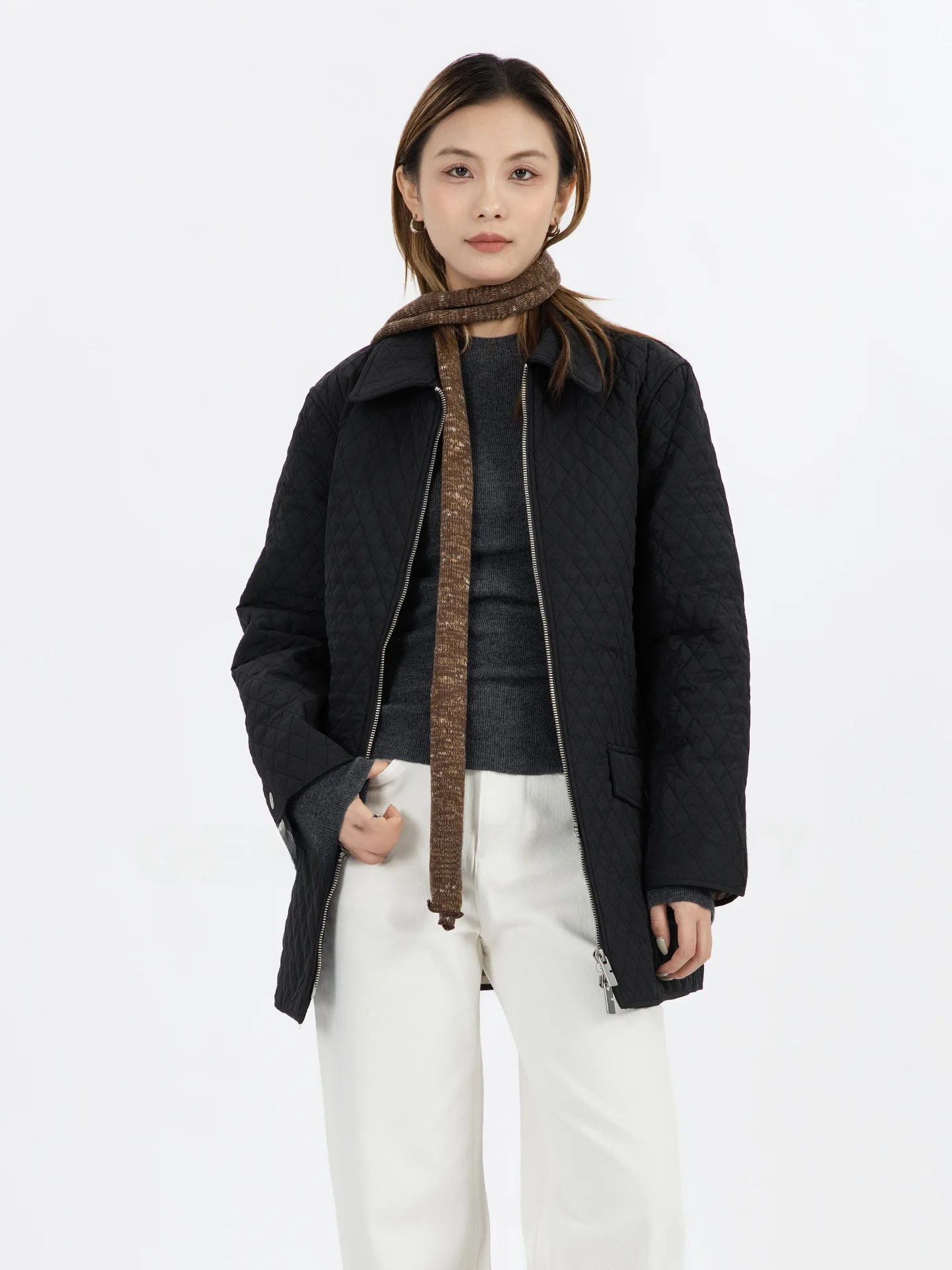 

Lightweight Cotton Jaet Zipper Collar Geometric Single Diamond id Women's Loose Warm Top Coat Autumn Winter New Sle