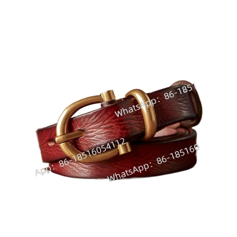 

Кожаный женский ремень ручной работы с пряжкой, универсальные повседневные джинсы в стиле ретро, глянцевый тонкий ремень