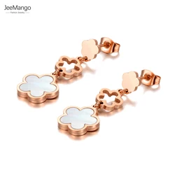 JeeMango Titanium Stainless Steel White Shell Plum Flower Bohemia Party Earrings Jewelry For Women Girls серьги kolczyki JE21039