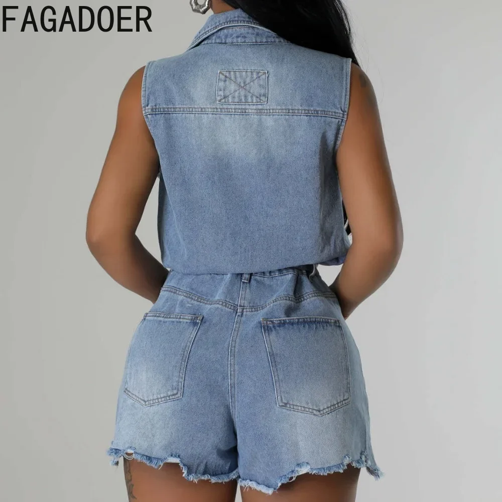 FAGADOER Quality Retro Denim Rompers Women Lapel Buttons Sashes Cargo Pockets Jean Jumpsuit Hot Girl Vintage Streetwear Overalls