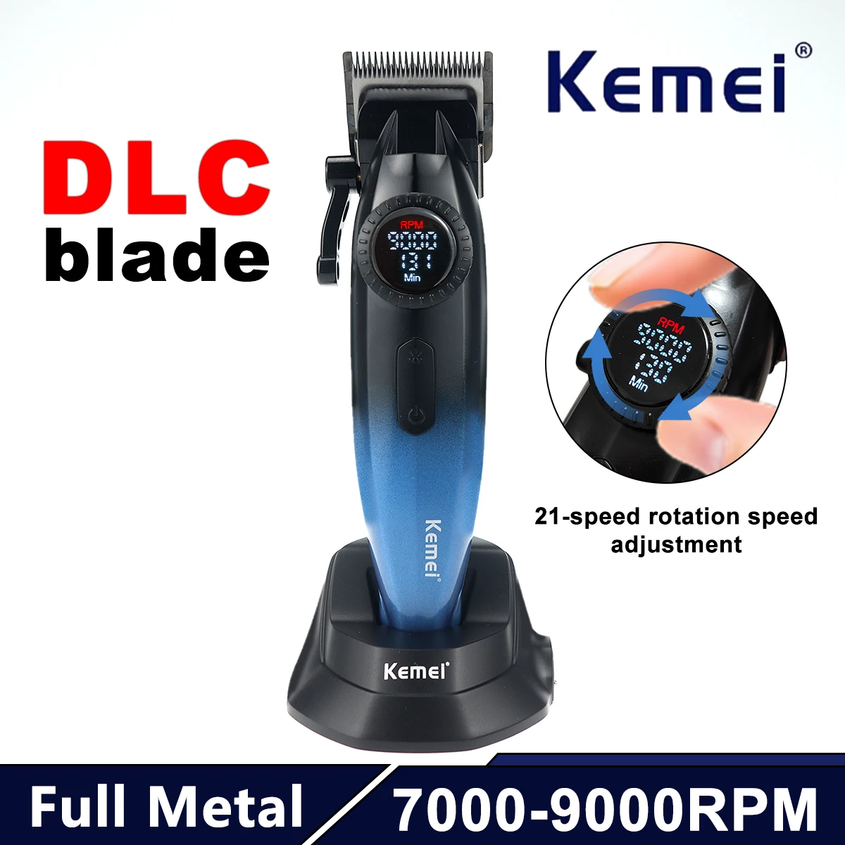 kemei-km-1867-men's-hair-clipper-dlc-blade-9000rpm-full-metal-lcd-display-with-base-charger-professional-haircut-machine-trimmer