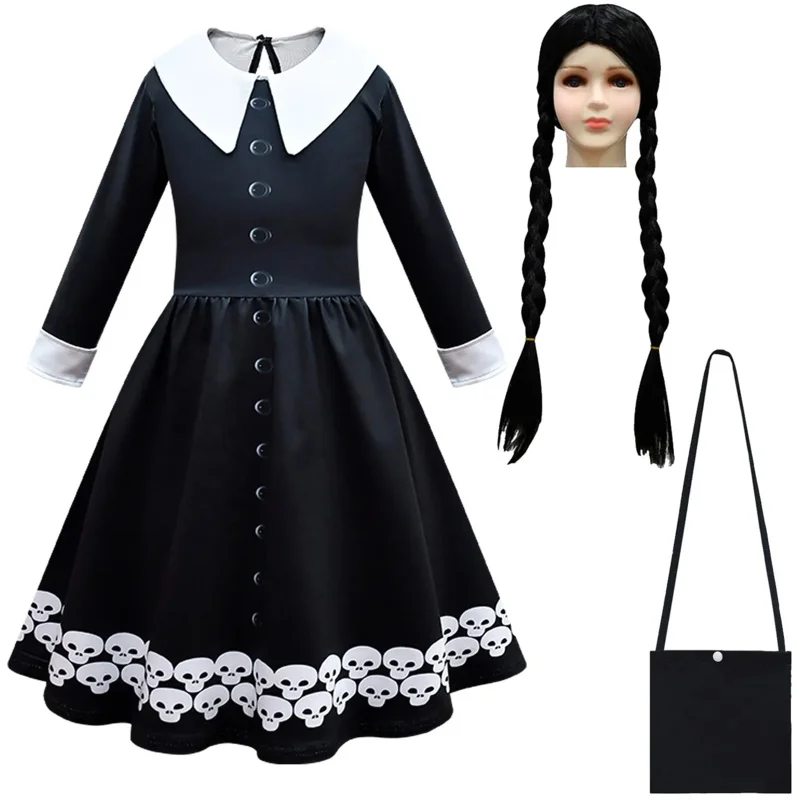 Kids Halloween Costumes for Girls The Addams Familye Morticiae Cosplay Dress and Wig Bag Black Outfits Carnival Gothic Clothes