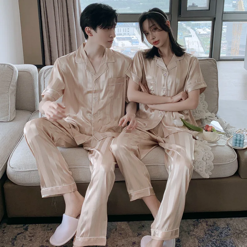 Women Pajama Set Silk Couple Pajamas Lapel Pyjamas Ice Silk Pijama pjs Sleepwear Long Sleeve Shirt Pants Homewear Loungewear