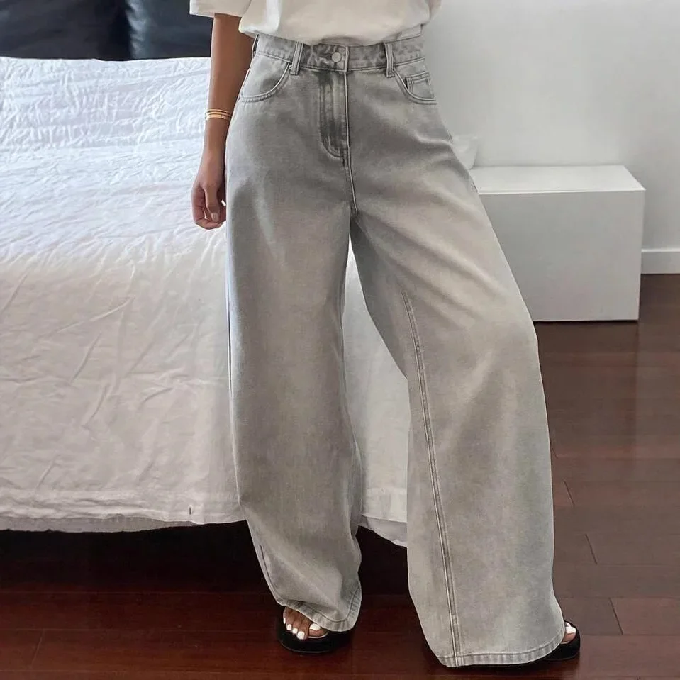 Four Seasons Women Grey Solid Color High Waist Floor Length Casual Trendy Daily Basic Denim Trousers American Style Jeans Pants