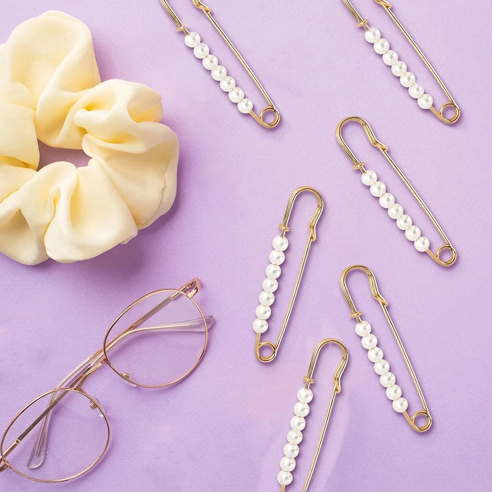 5PCS Faux Pearl Brooch Pins 2.95in Sweater Shawl Clip Safety Pins for Women Clothing Dress Pants Skirt Dressing Accessories